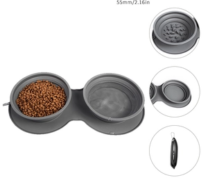 Detail view of foldable silicone pet bowl showing slow feeder design and hanging hook