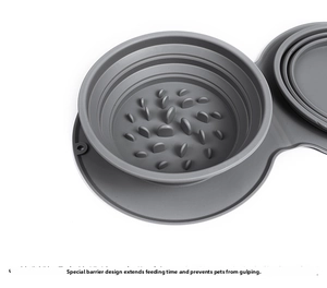 Detail of collapsible grey silicone slow feeder pet bowl with anti-choking columns