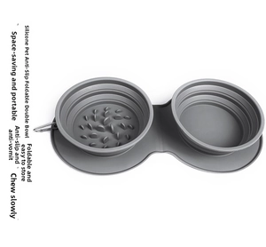 Foldable grey silicone pet double bowl featuring slow feeder design and metal carabiner
