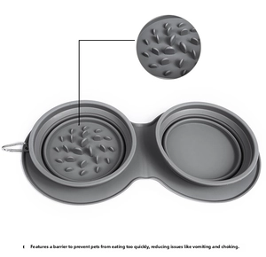 Detail of collapsible silicone pet slow feeder bowl with dual sections and metal hook