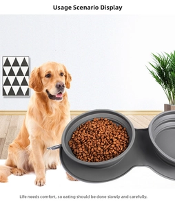 Collapsible grey silicone pet bowl with two compartments filled with dry dog food