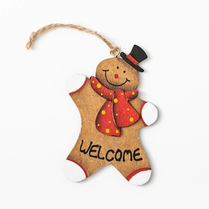 Handcrafted wooden gingerbread man hanging ornament with welcome sign for Christmas tree decor