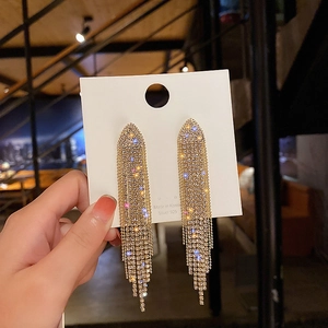 Sparkling geometric triangle long tassel drop earrings with silver needle in gold finish