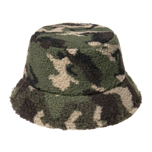 Macro texture of camouflage lambswool winter bucket hat with soft plush faux fur fabric