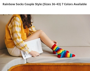Close-up of rainbow striped cotton socks in seven colors for men and women
