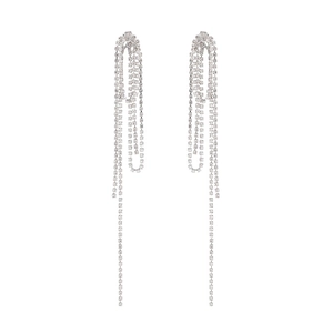 Elegant silver long tassel drop earrings with sparkling rhinestone geometric accents