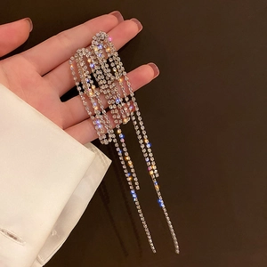 Silver geometric tassel earrings with sparkling rhinestones in a versatile long drop style