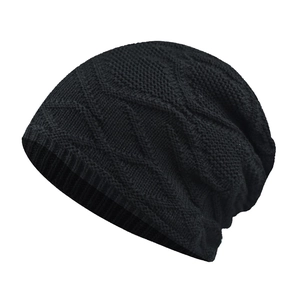 Winter black knit beanie hat with diamond pattern and ribbed cuff for men and women