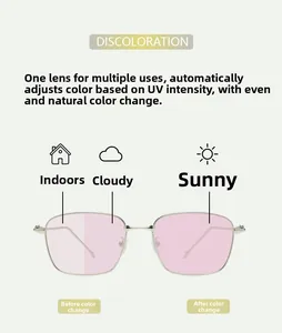 Detail view of photochromic silver metal square sunglasses showing pink lens transition
