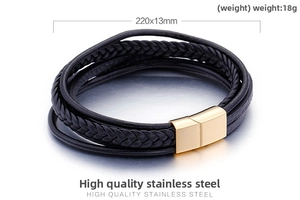 Detail of multi-layer black braided leather bracelet with golden stainless steel magnetic clasp