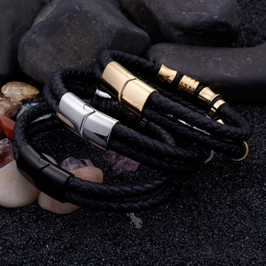 Braided leather bracelets for men with magnetic metal clasps in gold, silver, and black