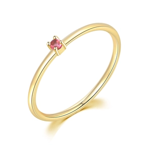 Minimalist S925 sterling silver 18K gold ring with a round pink birthstone solitaire