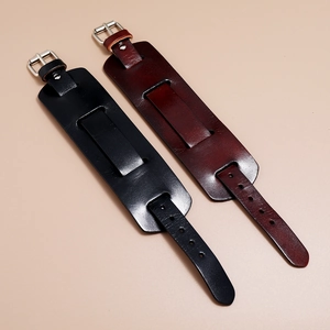 Vintage wide leather bracelet for men in black and brown with silver buckle