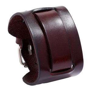 Vintage dark brown wide leather bracelet with silver buckle for men, adjustable punk style