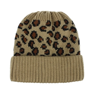 Bonnet en tricot imprimé léopard pour femme avec revers côtelé camel pour l'hiver
