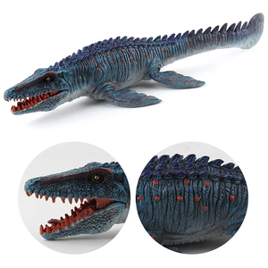 Realistic Mosasaurus dinosaur model with movable jaw, blue skin and orange spots
