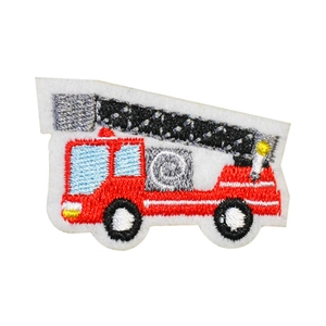 Detailed fire truck embroidery patch with red threads and white felt backing for DIY clothes