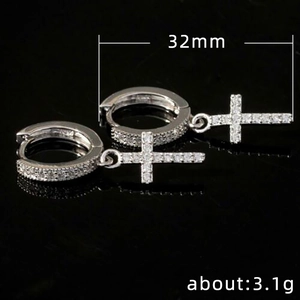 Silver cross drop earrings with white zircon pavé, 32mm length and 3.1g weight