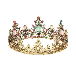 Vintage Baroque crown with colorful crystals and gold metal for elegant bridal wedding accessories