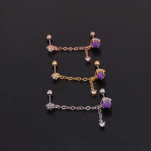 Three-piece stainless steel flower earrings set with purple zircon and double chain