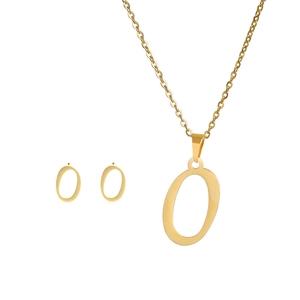Detail of gold letter O necklace and earring set in polished stainless steel