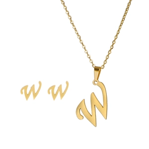 Detail view of golden stainless steel jewelry set featuring letter W pendant and earrings