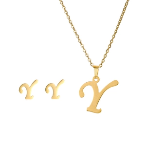 Polished gold stainless steel jewelry set featuring letter Y pendant necklace and stud earrings