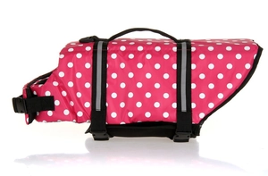 Close-up of pink polka dot dog life jacket with reflective straps and safety handle