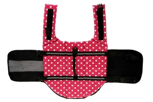 Pink polka dot dog life jacket with dual belly buckles and a sturdy safety handle