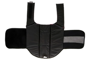 Close-up of durable dog life jacket with adjustable straps and size XL label on white background