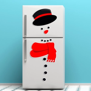 Magnetic snowman fridge decals set including black hat and red scarf on white refrigerator