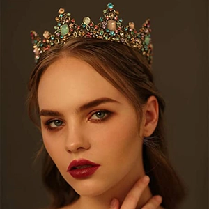 Baroque gold crown with colorful crystals and rhinestones on elegant model