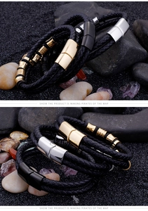 Close-up of triple-layered braided leather bracelet with magnetic metal clasps in three colors