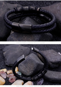 Detail of double-layer black braided leather bracelet with matte magnetic stainless steel clasp