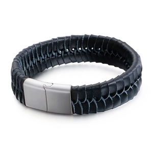 Braided black leather wide bracelet for men with silver magnetic stainless steel clasp