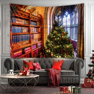 Vintage Christmas tapestry with bookshelf and tree for bohemian room wall decor