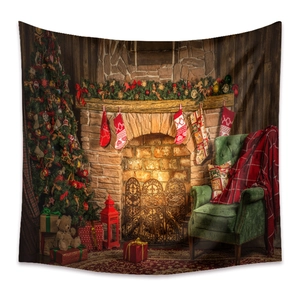 Bohemian Christmas tapestry with festive fireplace, Christmas tree, and cozy armchair decor