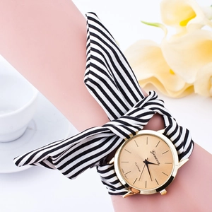 Stylish Geneva women's watch with black and white striped fabric ribbon bow strap