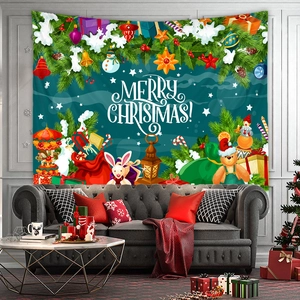 Christmas tapestry with Merry Christmas text and festive cartoon elements on wall