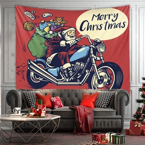 Detail of Christmas tapestry showing Santa on a motorcycle over a grey sofa