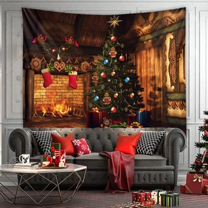 Detailed Christmas wall tapestry featuring a warm fireplace and festive tree decor