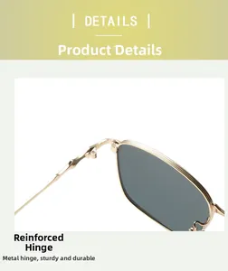Detail view of reinforced metal hinges on square frame sunglasses for durability
