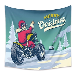 Detail of Christmas tapestry featuring Santa on motorcycle with retro holiday illustration
