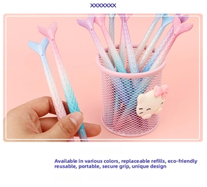 Detail of mermaid tail design gel pen with gradient colors and refillable ink feature