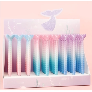 Close-up of mermaid tail gel pens in 0.38mm with ocean-themed 36-piece display box