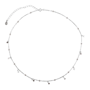 Minimalist S925 sterling silver clavicle necklace with round discs and beads on white background