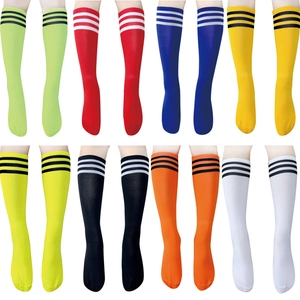 Row of colorful soccer socks with classic triple stripes on plain white background