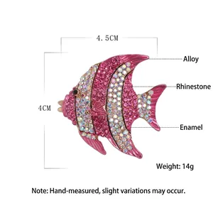 Elegant tropical fish brooch with pink rhinestones and oil dripping process 4.5cm