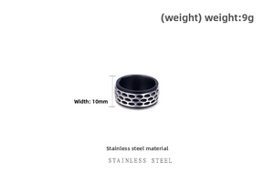 Detail of 10mm wide stainless steel punk ring showing silver honeycomb industrial texture