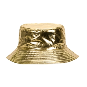 Detailed close-up showing the metallic golden texture and glossy finish of the PU bucket hat